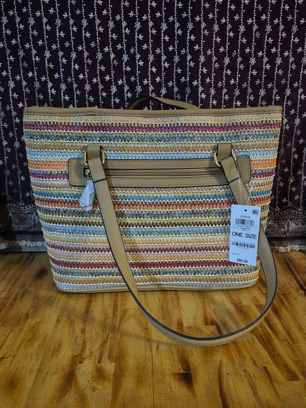 Woven Multicolor Straw Tote Bag with Tan Trim